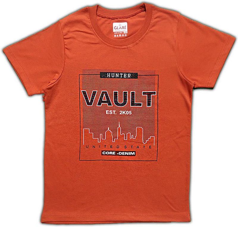 Boys Typography Polycotton T Shirt  (Orange, Pack of 1)