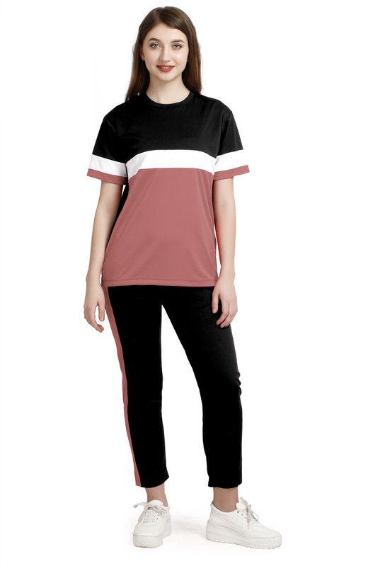 Women Top & Pyjama Set Brown Colorblock