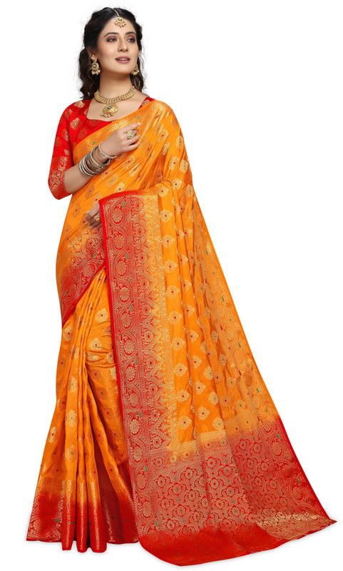 Woven Kanjivaram Art Silk, Pure Cotton Saree  (Red, Yellow)