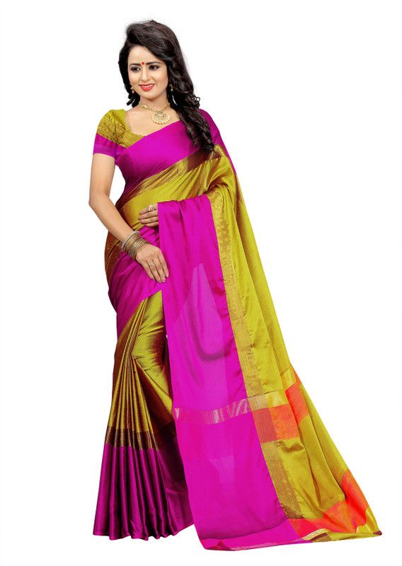 Color Block Kanjivaram Art Silk Saree  (Yellow)