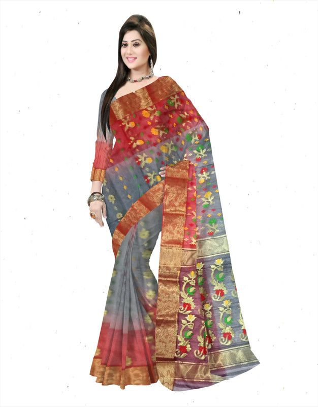 Woven Tant Silk Blend Saree  (Red, Black)