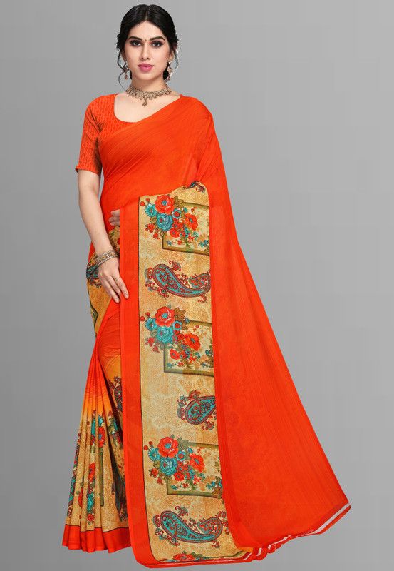 Daily Wear Georgette Saree  (Orange, Beige)