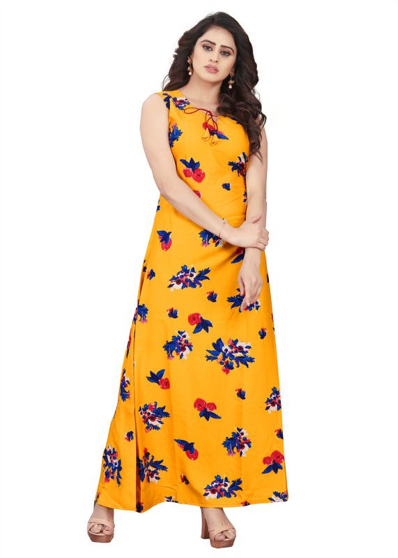 Self Design Crepe Stitched Flared/A-line Gown  (Yellow)