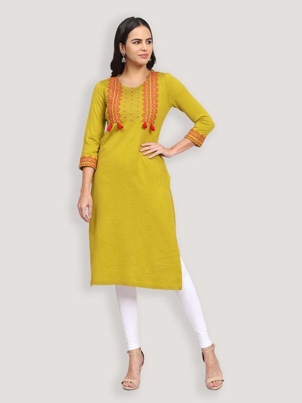 Women Embroidered Wool Straight Kurta  (Light Green)