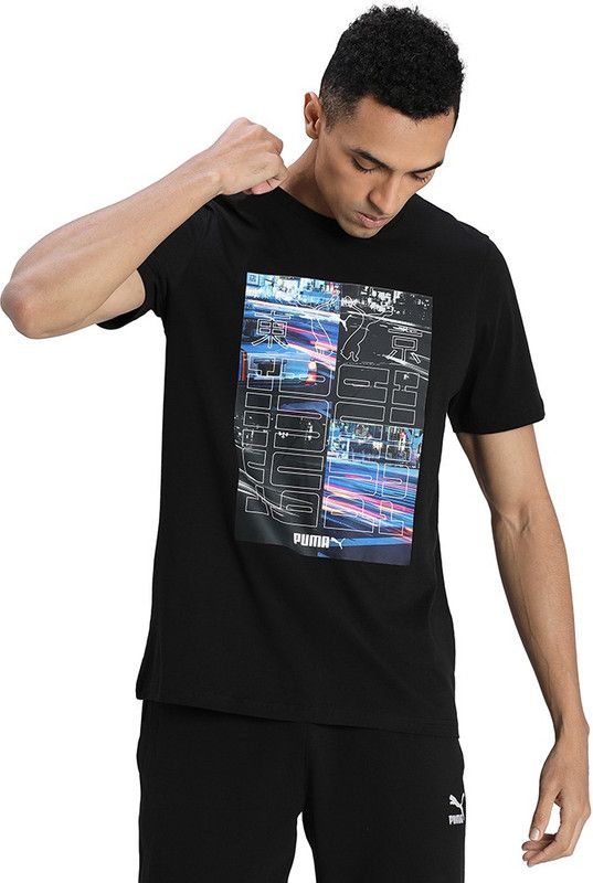 Graphic Tee Photo Print Men Graphic Print Round Neck Cotton Blend Black T-Shirt