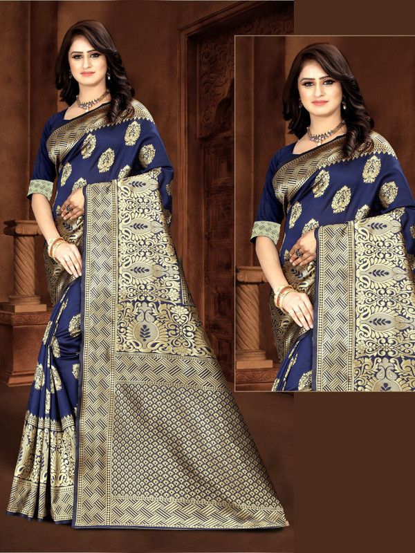Banarasi Jacquard, Art Silk Saree  (Dark Blue)