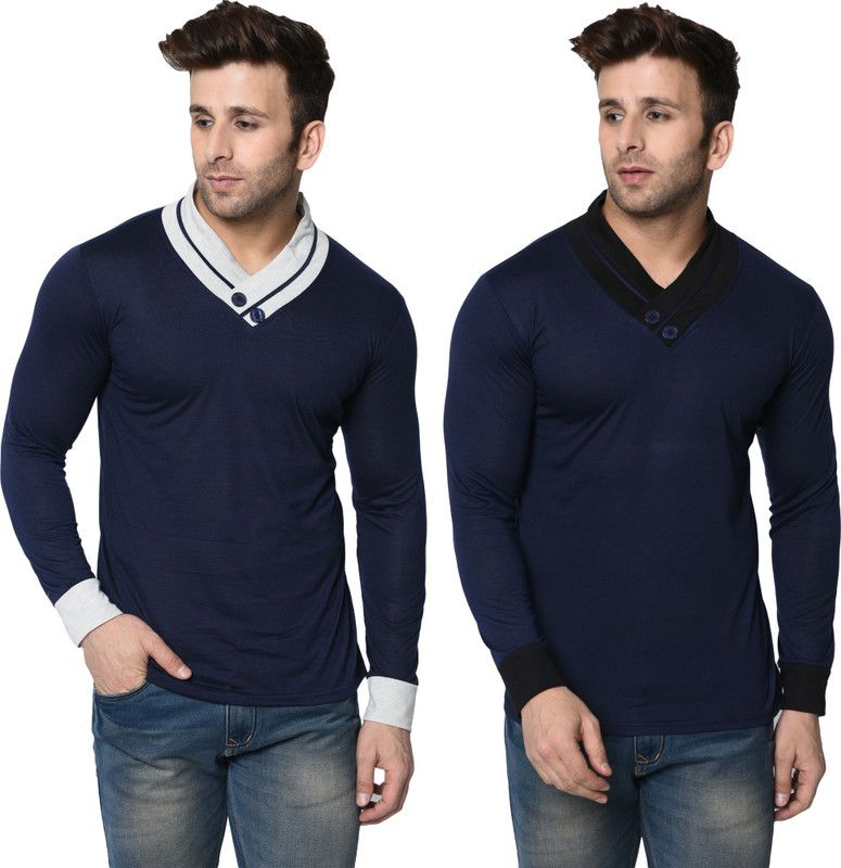 Pack of 2 Men Colorblock Shawl Neck Cotton Blend Dark Blue T-Shirt