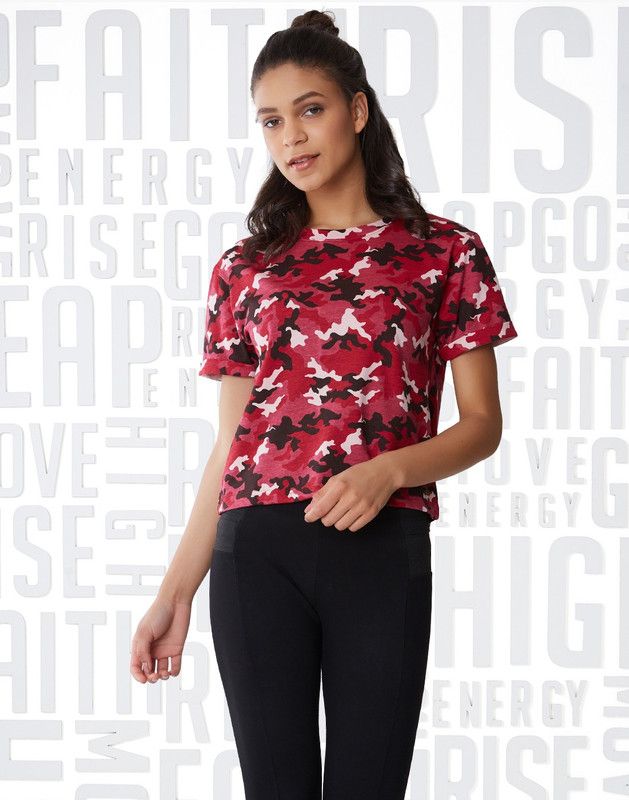Military Camouflage Women Round Neck Cotton Blend Pink T-Shirt