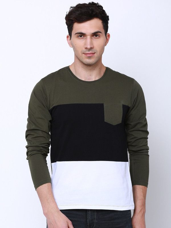 Men Colorblock Round Neck Pure Cotton Dark Green, White, Black T-Shirt