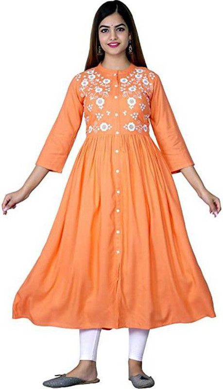 Women Embroidered Viscose Rayon Flared Kurta  (Orange)