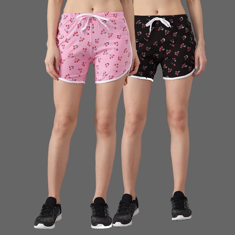Pack of 2 Printed Women Black, Pink Dolphin Shorts