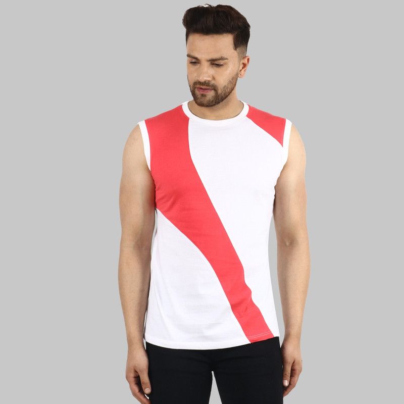 Sleeveless Round Neck Men Vest Men Colorblock Round Neck Pure Cotton Red, White T-Shirt