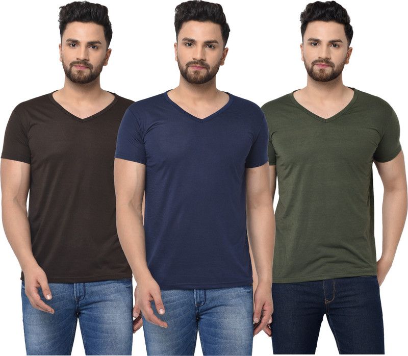 Pack of 3 V neck Combo T-shirts Men Solid V Neck Cotton Blend Dark Blue, Dark Green, Brown T-Shirt