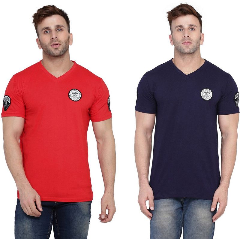 Pack of 2 Men Solid V Neck Cotton Blend Dark Blue, Red T-Shirt