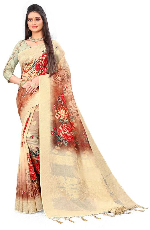 Digital Print Chanderi Chanderi Saree  (Brown)