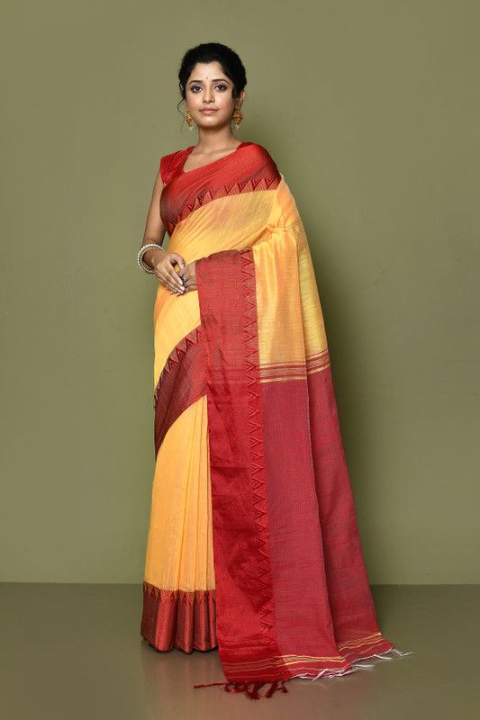 Self Design Handloom Cotton Blend Saree  (Beige, Red)