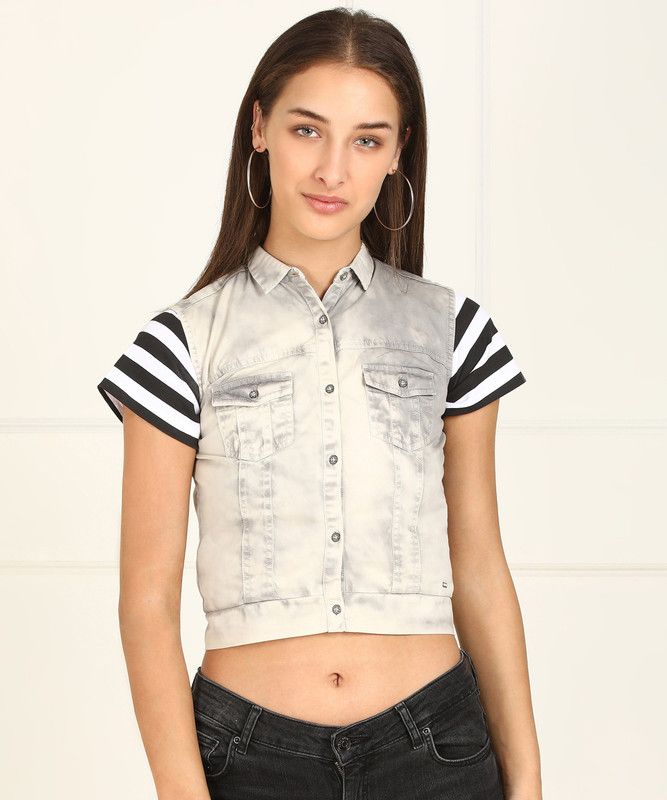Casual Regular Sleeves Washed, Striped Women Black, Grey Top