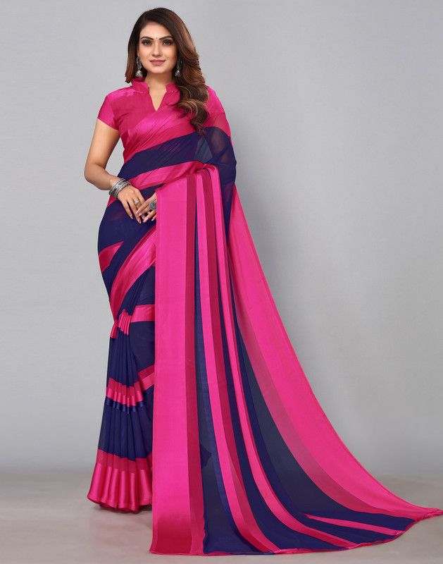 Floral Print, Printed, Striped, Woven, Embellished, Geometric Print Bollywood Georgette Saree  (Dark Blue, Pink)