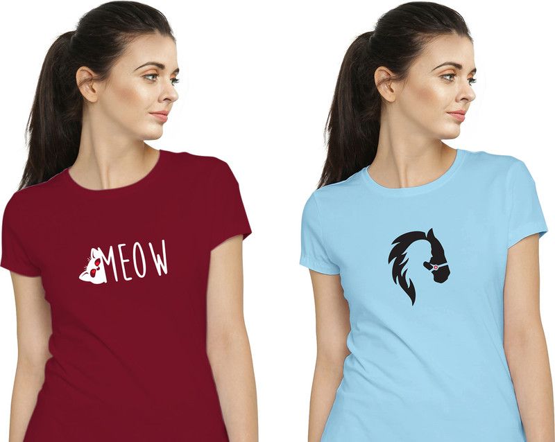 Pack of 2 Women Printed Round Neck Cotton Blend Red, Blue T-Shirt