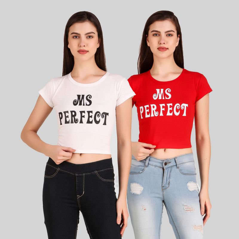 Pack of 2 Casual Cap Sleeves Printed Women Red, White Top