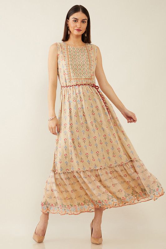 Women Floral Print Pure Cotton Flared Kurta  (Beige)