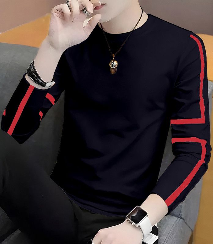 Men Striped Round Neck Cotton Blend Red, Navy Blue T-Shirt