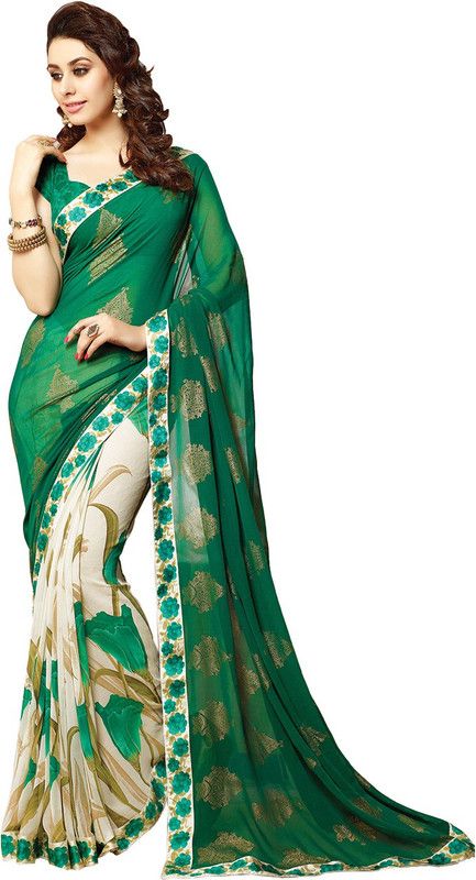 Printed Bollywood Georgette, Chiffon Saree  (Dark Green, Cream)
