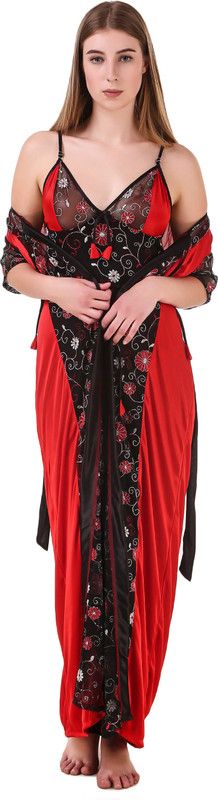 Pack of 2 Women Nighty with Robe  (Red, Black)