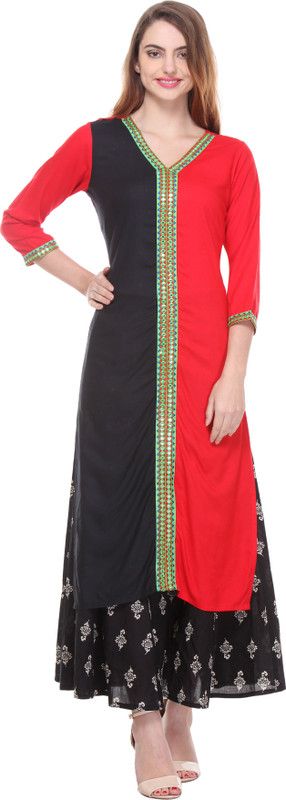 Pack of 2 Women Printed Viscose Rayon Straight Kurta  (Red, Black)