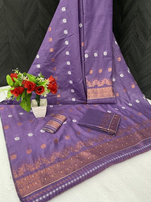 Self Design Mekhela Chador Cotton Blend Saree  (Magenta)