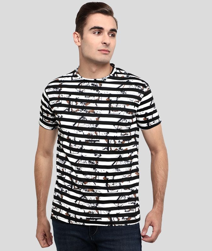 Men Striped Round Neck Cotton Blend Black, White T-Shirt