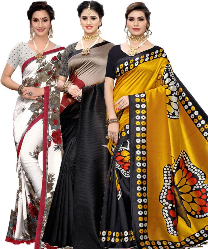 Floral Print Bollywood Georgette Saree  (Pack of 3, White, Maroon, Black)
