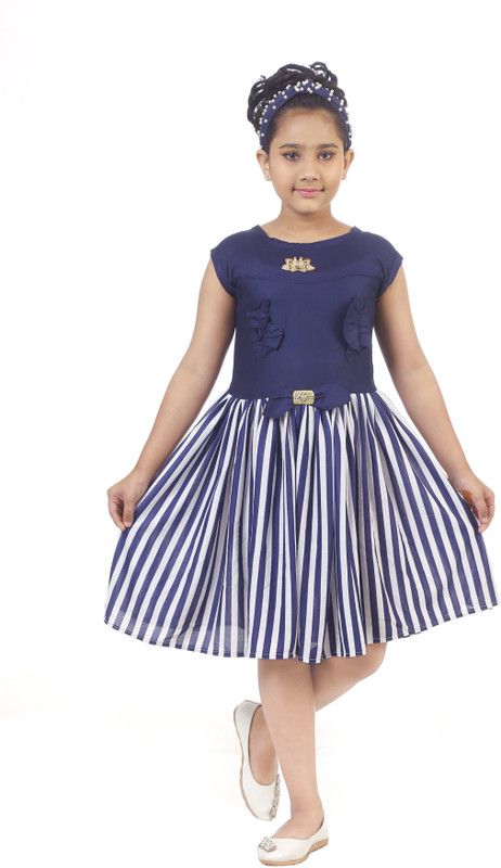 Girls Midi/Knee Length Festive/Wedding Dress  (Blue, Short Sleeve)