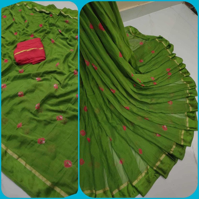 Embroidered Bandhani Chiffon Saree  (Green)