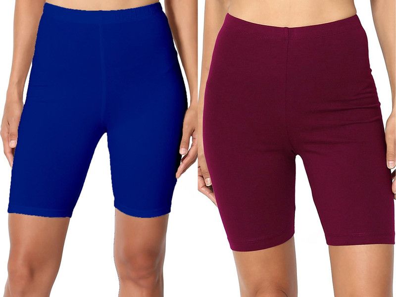 Pack of 2 Solid Women Blue, Maroon Cycling Shorts, Running Shorts, High Waist Shorts, Night Shorts, Gym Shorts, Basic Shorts, Sports Shorts