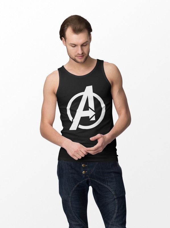 Gym Tank Top Black Men Printed, Superhero Scoop Neck Pure Cotton Black T-Shirt