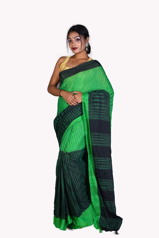Woven Handloom Pure Cotton Saree  (Green)
