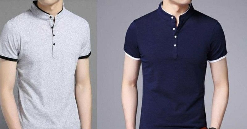 Pack of 2 Men Solid Mandarin Collar Cotton Blend Blue, Grey T-Shirt