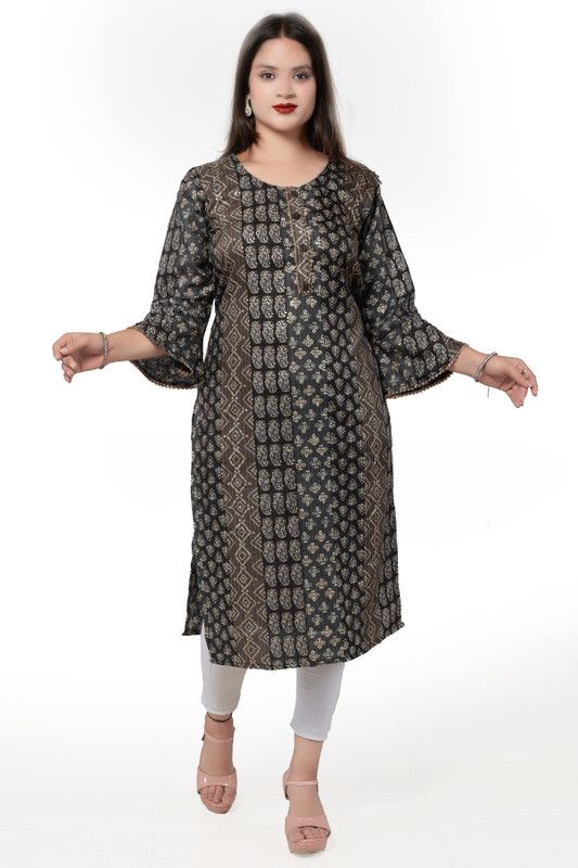Women Bandhani Cotton Rayon Straight Kurta  (Dark Blue)