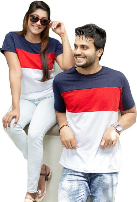 Pack of 2 Couple Colorblock Round Neck Pure Cotton Black T-Shirt