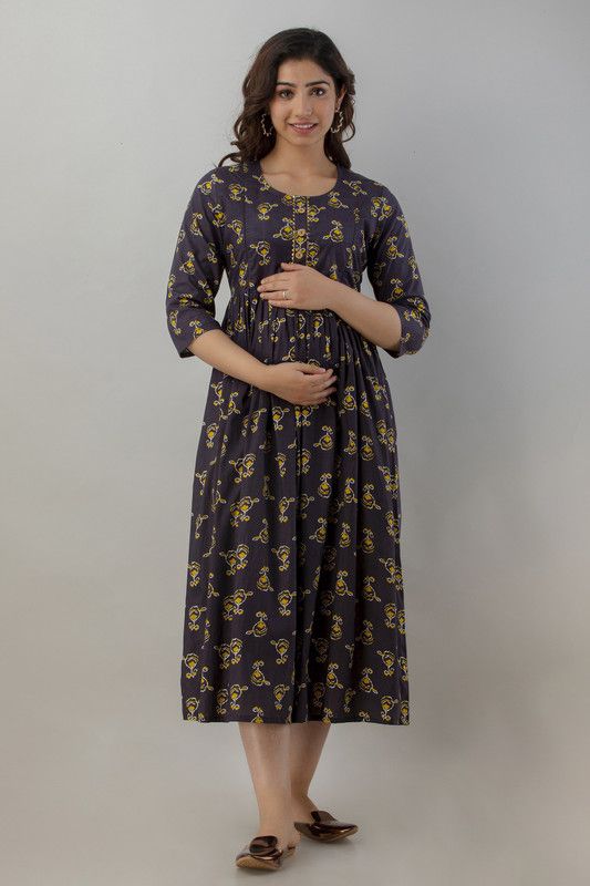 Women Printed Pure Cotton Flared Kurta  (Grey)