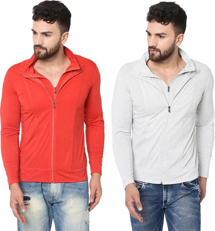 Pack of 2 Men Solid High Neck Cotton Blend Red, White T-Shirt