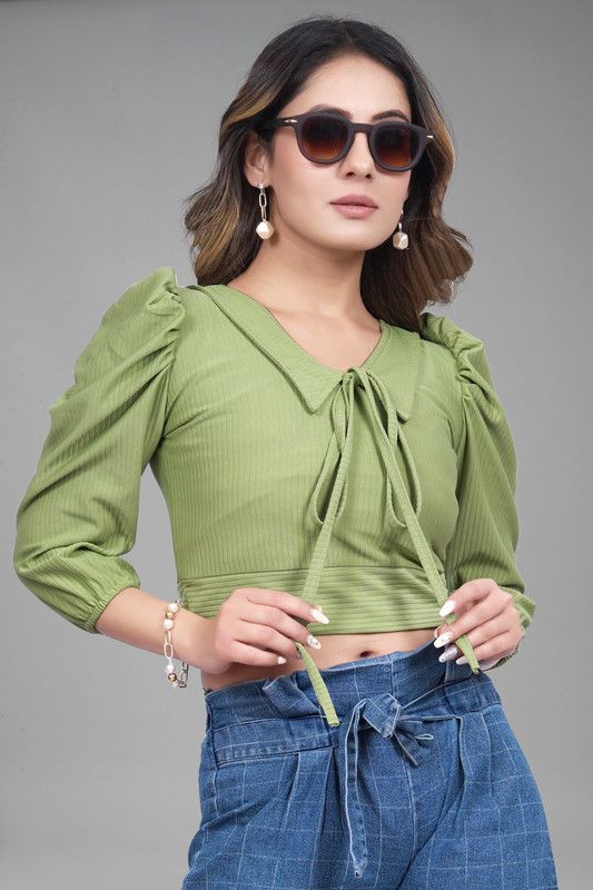 Casual Balloon Sleeve Self Design Women Green Top