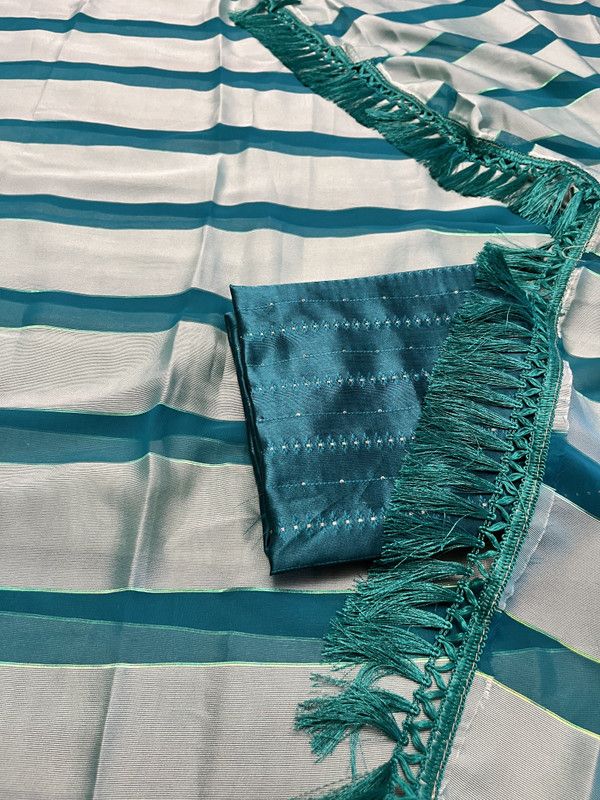 Striped Bollywood Georgette Saree  (Dark Green, White)
