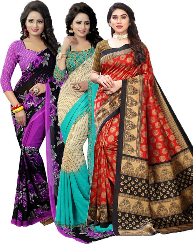 Printed Bollywood Georgette Saree  (Pack of 3, Purple, Light Green, Red)