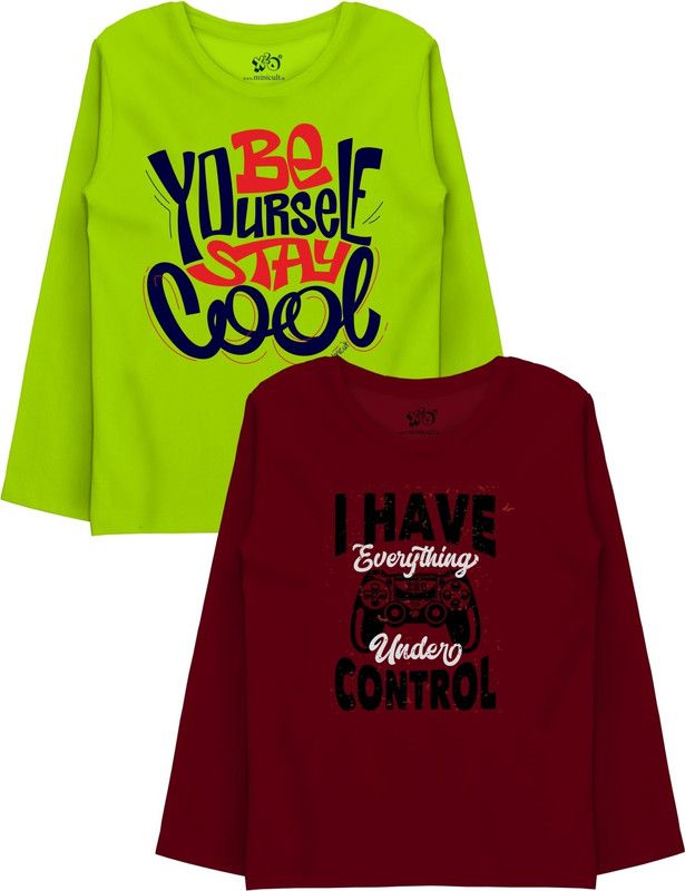 Boys Graphic Print Pure Cotton T Shirt  (Maroon, Pack of 2)