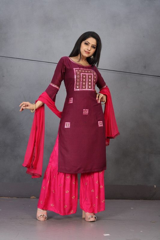 Women Kurta, Sharara and Dupatta Set Cotton Rayon