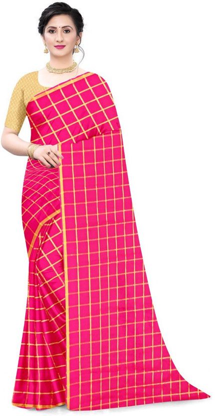 Checkered Chanderi Nylon Saree  (Pink)