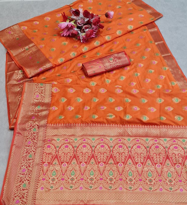 Self Design Kanjivaram Silk Blend, Cotton Silk Saree  (Orange)