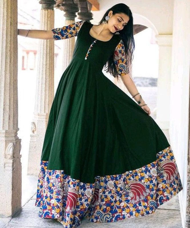 Women Kalamkari Cotton Blend Flared Kurta  (Green)